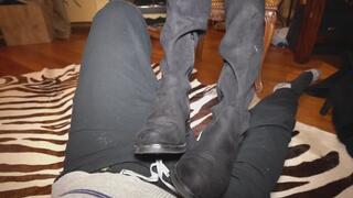 Boots humiliation, ball stomping, worship and soles licking to clean, with several boots