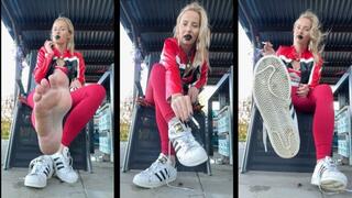 Sexy Marlboro girl smokes Marlboro red 100 in superstars while u worship them