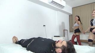 Domination of two beautiful princesses lesbian kissing while they stand there on the face of the cuckold slave in facesitting By Natsha Fiore and Lilly Cam By Dani Full Hd