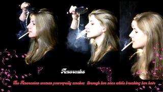 The Amazonian woman powerfully smokes through her nose while brushing her hair