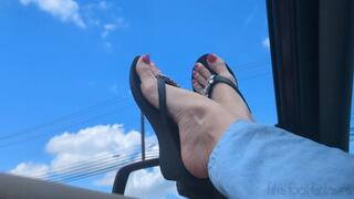 Fifi milf hanging wedge flip flops out her car window while waiting in the school pick up line *new* replay