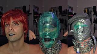 Femme boy self-gags after wrapping throat with chains and wrapping head with saran wrap and duct tape! ft Athens