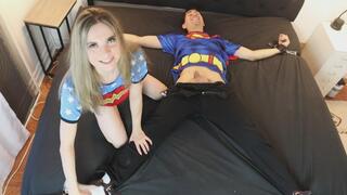 Wonder woman tickles and edges Superman brutally without showing any mercy enjoying every moment of it