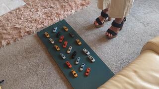 GIANTESS Charn crushes 20 tiny toy cars in chunky high heels extra high right view feet foot toy car crush