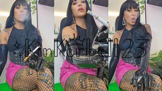 Smoking Marlboro Red 100 wearing shiny gloves and skirt - Kinkerbell23