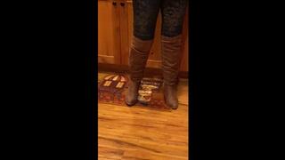 Deb's Sexy Office Outfit of the Day Featuring Taupe Journee Spritz Over the Knee Boots with Tucked Blue Jeggings (12-17-2020)