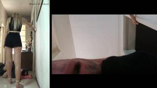 Alice dances over Tom's head wearing flat sandals (pov view)