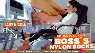 I am the boss and he has to lick my nylon socks under the desk ( Foot Domination with Nylon Socks - Lady Nicole ) - FULL HD wmv