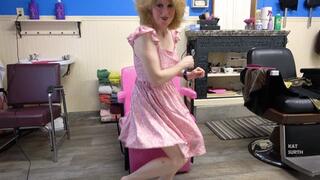 Taking off my summer dress while under a vintage salon chair hair dryer