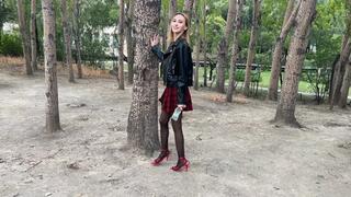 girl in high heels and stockings plays hard with her shoes, tears off the heel, wets the shoes (reupload)