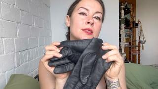 Leather gloves worsip her sexy neck mov