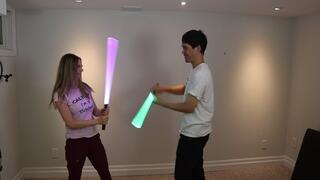Light saber battle between Nina Luck and Fetishguy turns into a tickle fight after who will win?