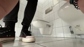 LOUD opening toilet splash & fart in public - long legs up !