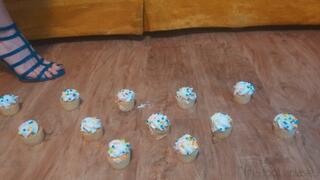 Fifi smooshing cupcakes in teal reptile print high heels then taking the heels off and smooshing them barefoot *new* replay