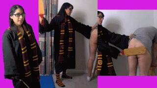 Hogwarts witch bitch eRica summons a man to play with! He gets paddled for not cooperating!