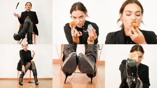 Pretty girl dominates and demands to lick her boots