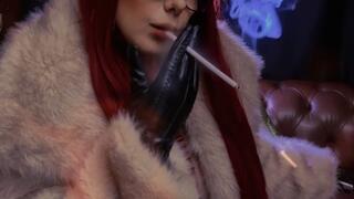 Devilish Woman in Fur, Leather and Topless Smoking a 200mm Made in Hell
