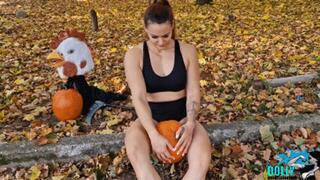 halloween pumpkin crushing with legs: Dolly and Kim