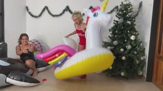 Carmen and Regina popping balloons with inflatables!!