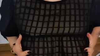 Sheer dress, sensual moves eye-contact and deep inhales