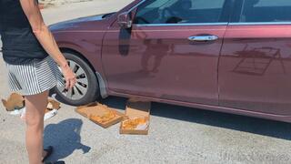 Fifi drives over a huge amount of restaurant food with her car *new*