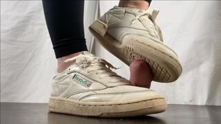 A Reebok Classic Shoejob - Tramplegirl crushes the cum out of his cock with the heel of her Reebok Club C85 Vintage sneakers - Footjob, CBT and Sneakerfetish - HD
