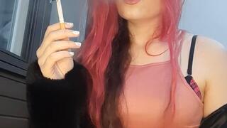 Smoking in a cute dress, sexy glasses, fur coat