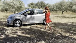 Joyce is so excited to drive - red dress and red heels