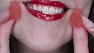 Giantess with Red Lips Destroys and Devours Gummy Bears