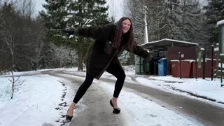 Girl on Heelless shoes walking on ice