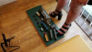 Giantess Lou crushes buildings, cars, trucks & train coaches in big black chunky heels extra high view