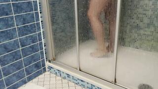 trampling on the thick shower mat