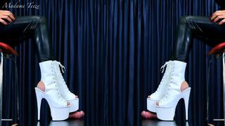 Ruined shoejob in white platform peep toe booties