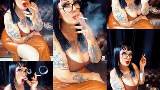 Dunhill International Cork Filter 100 - Blowing lots of smoke in your face - Elegant and seductive lady, wearing her smoking caramel leather outfit on tempting curves