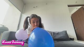 Akina blows up purple balloons