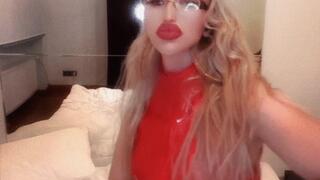 Lick Oil off ass dancing in red catsuit liquid