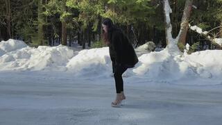 Alena in clear strip platform shoes walking on very slippery ice, girl on ice, walking on ice in high heels
