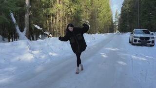 Black high heels mules on ice, slippery high heels, ice walking, slippery shoes, girl on ice