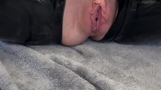 Solo fun in latex catsuit