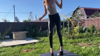 Girl in super high heels crushes a lot of eggs