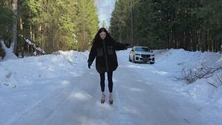 Walking on ice on 10 inches Zanotti shoes, Heelless on ice, girl on ice, slippery high heels
