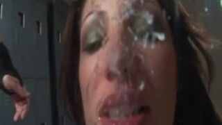 Sexy Brunette Chloe Morgan Deepthroats Cock in the Lockerroom