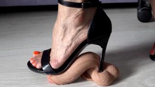 High heels and barefoot crushing dildo