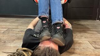 Slave's face as a footstool under My dirty Vans, socks and sweaty bare feet