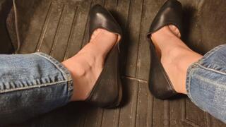 Fifi pedal pumping in sedan wearing black ballet flats and blue jeans *replay*