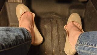 Fifi pedal pumping in sedan wearing shiny nude ballet flats and blue jeans *replay*