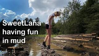 SweetLana having fun in her high heels boots in mud, muddy boots, high heels boots in mud