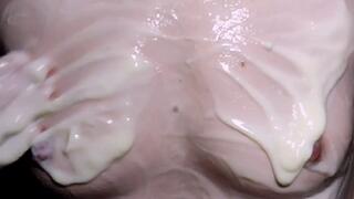 I massage the hot pudding into my small breasts