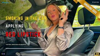 Smoking Applying Red Lipstick In The Car