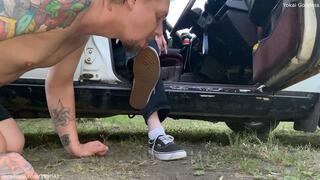 Dirty Vans sneakers licking in the forest